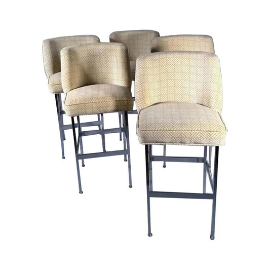 1970s Chromed Steel and Velvet Bar Stools, Set of 5