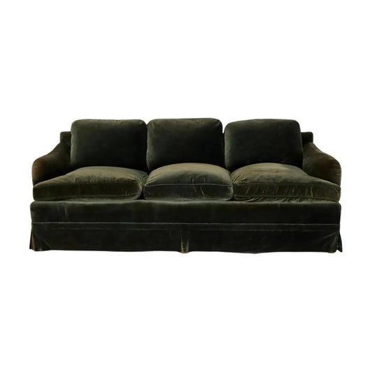 20th Century English Moss Green Velvet Upholstered 3-Seat Saddle Arm Sofa