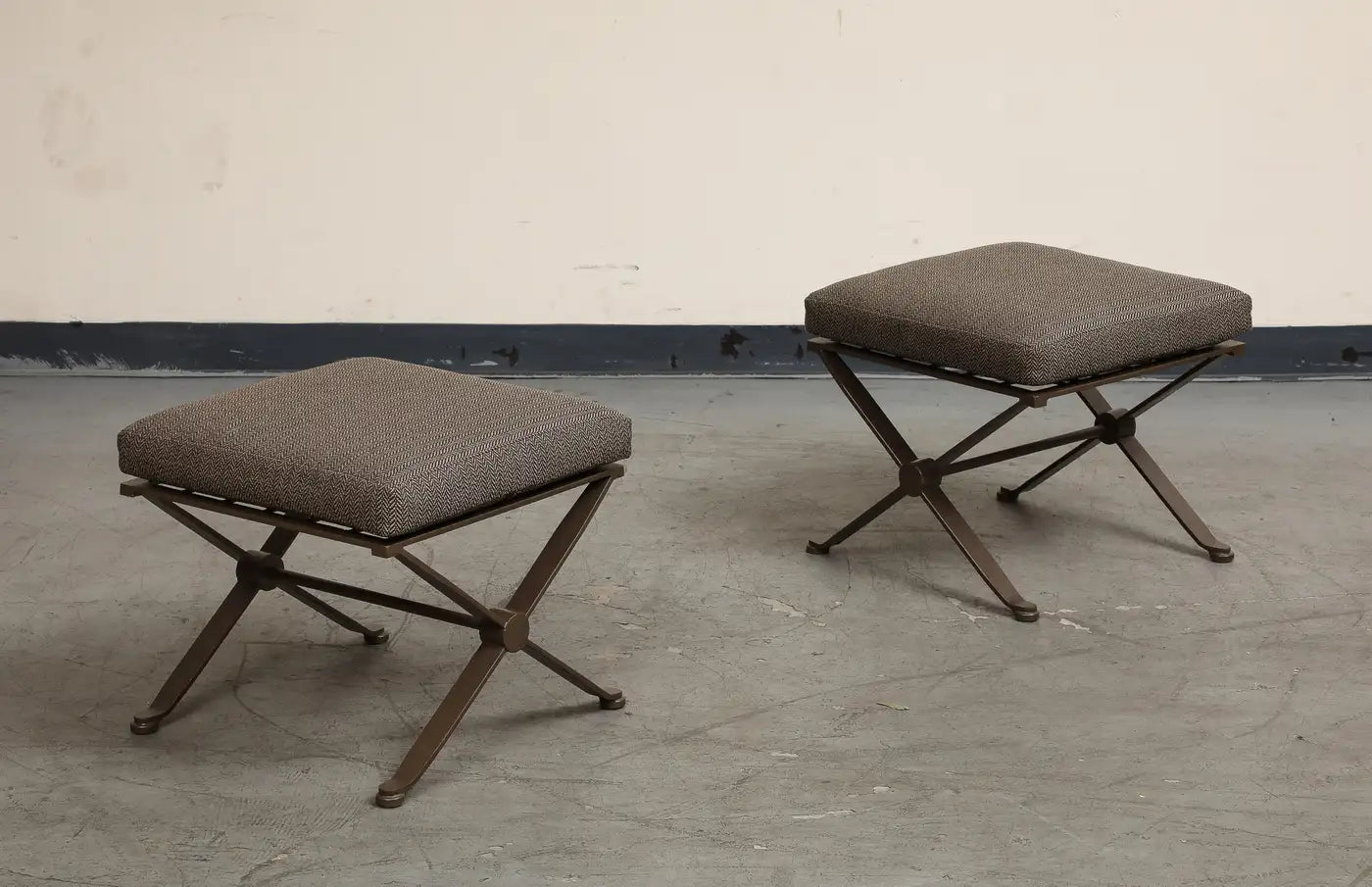 Pair of Contemporary Herringbone X-Form Bronze Benches