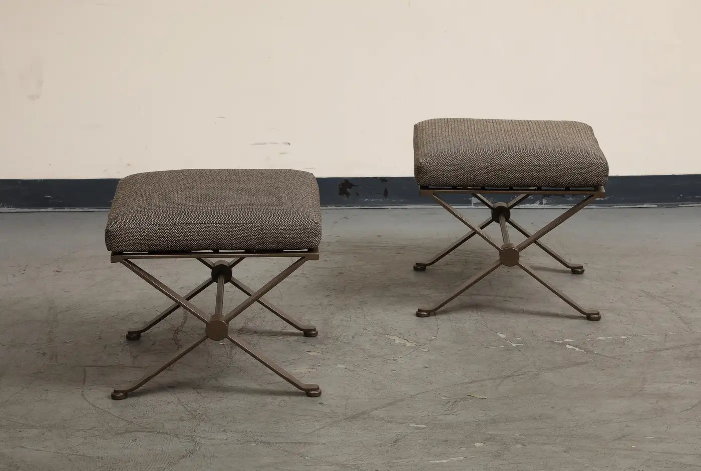 Pair of Contemporary Herringbone X-Form Bronze Benches