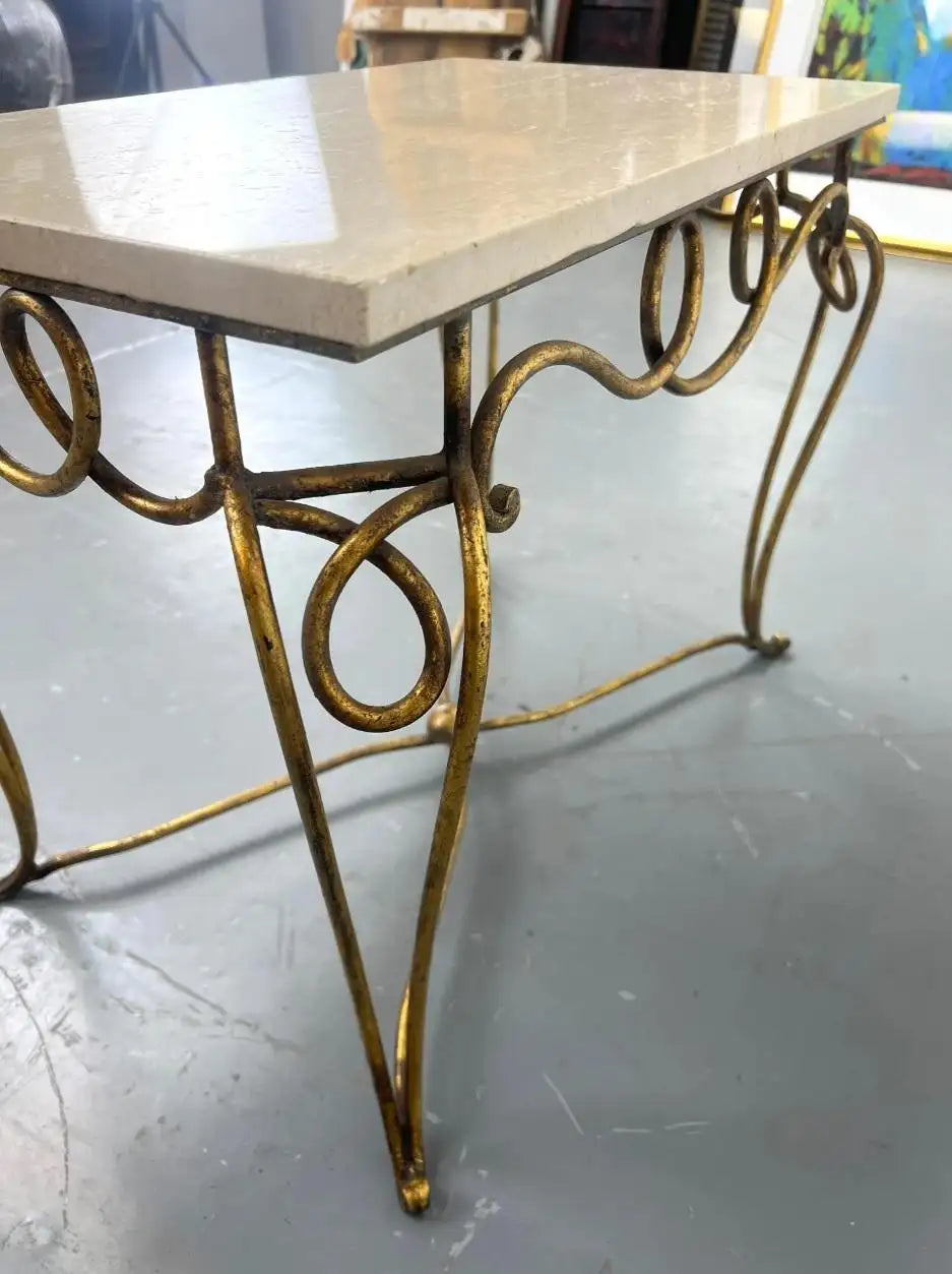 Midcentury French Rene Prou Art Deco Gilded Iron End Tables with Travertine Tops