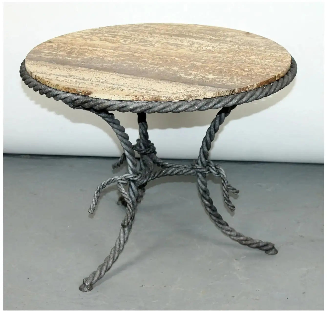 Midcentury Twisted Rope Motif Side Table with Round Travertine Top