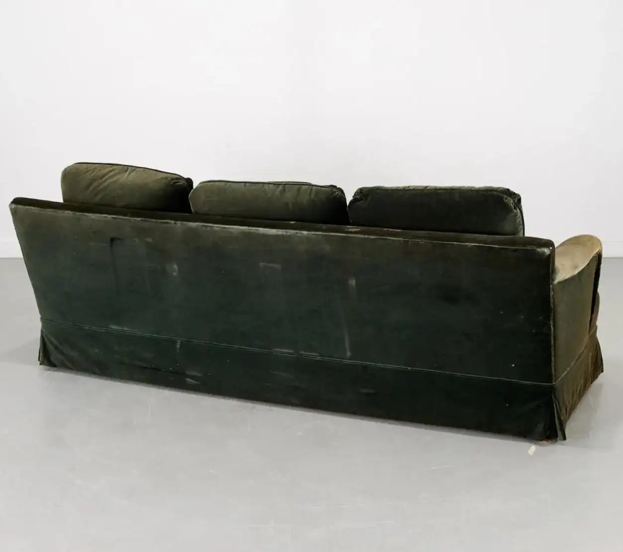 20th Century English Moss Green Velvet Upholstered 3-Seat Saddle Arm Sofa