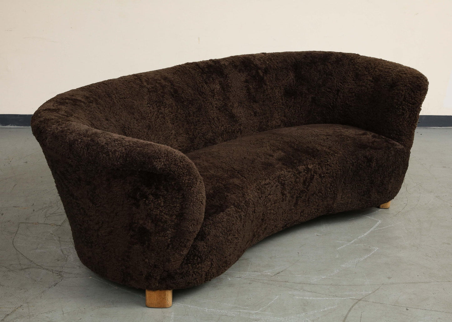 Mid-Century Danish Brown Shearling Curved Sofa, Attributed to Flemming Lassen