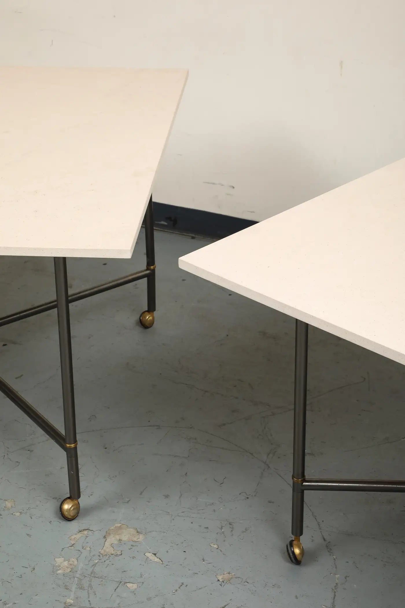 Midcentury Bronze 2-Piece Dining Tables on Casters with Travertine Tops