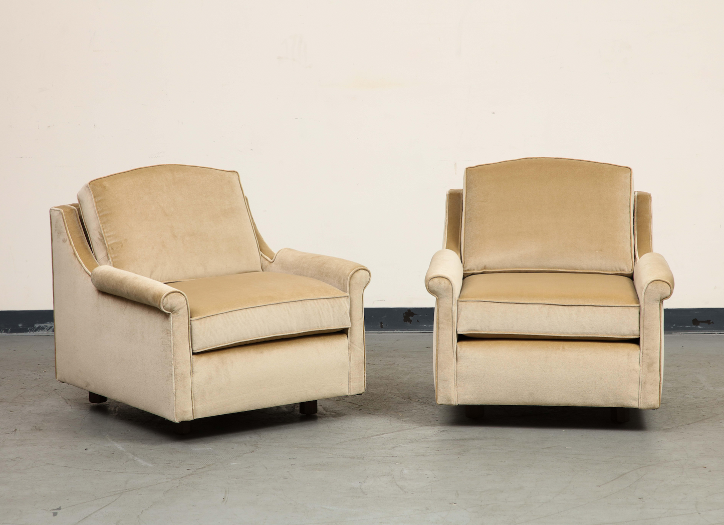 Pair of 1940s Tan Velvet Club Chairs, Newly Upholstered