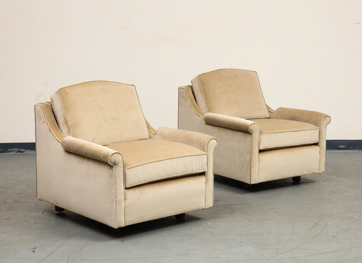 Pair of 1940s Tan Velvet Club Chairs, Newly Upholstered
