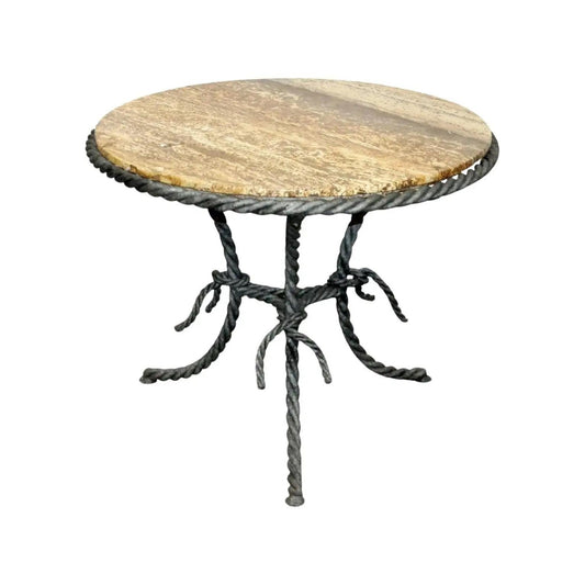 Midcentury Twisted Rope Motif Side Table with Round Travertine Top