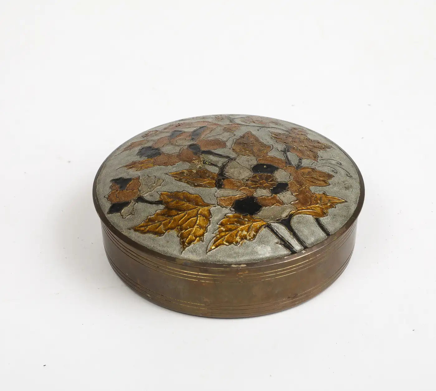 Vintage Indian Cloisonné Round Brass Trinket Box