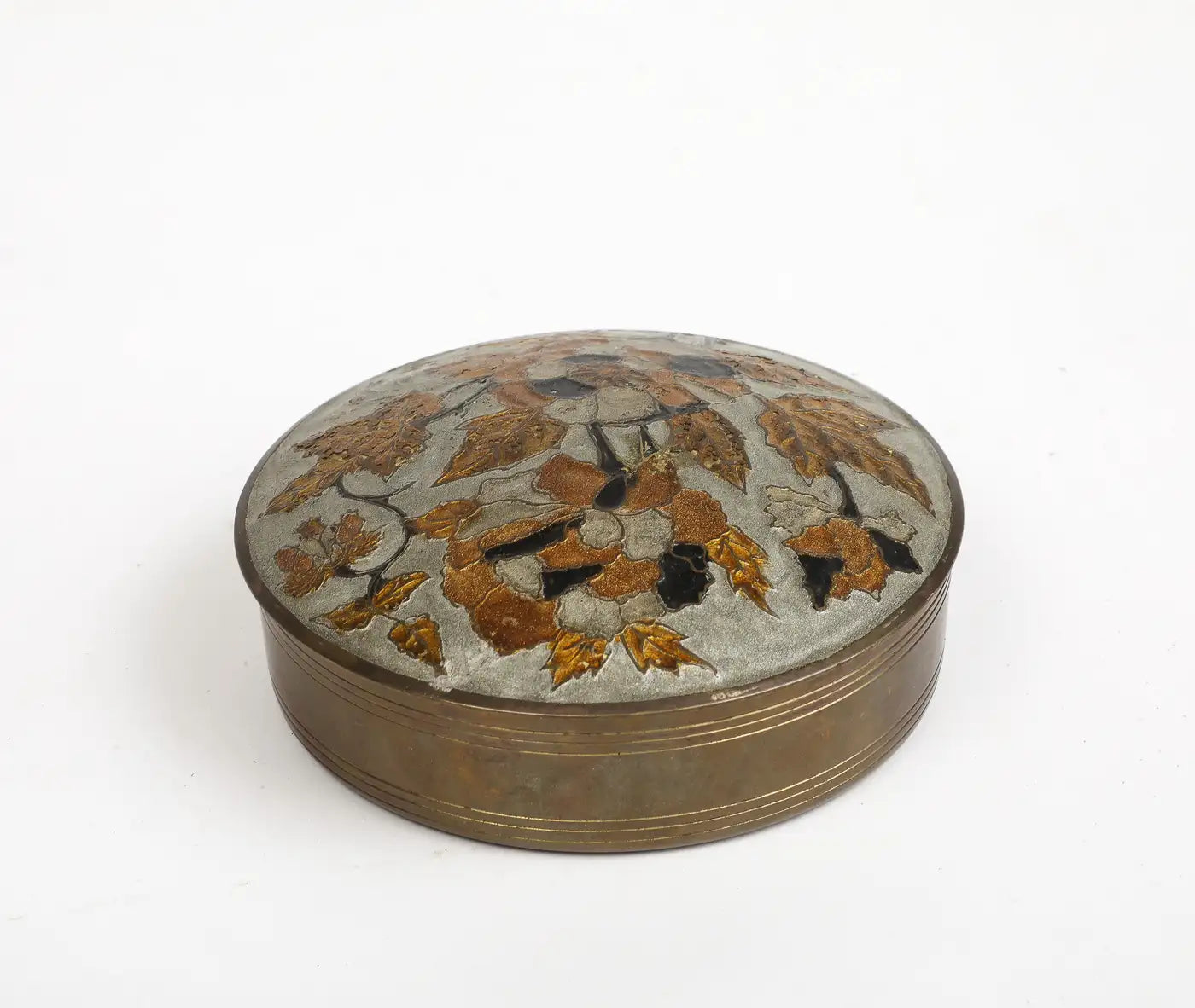 Vintage Indian Cloisonné Round Brass Trinket Box
