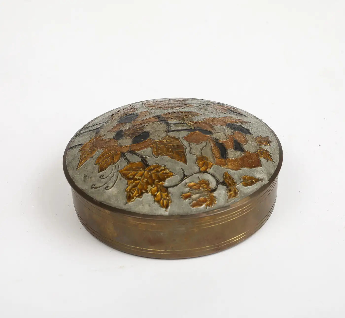 Vintage Indian Cloisonné Round Brass Trinket Box