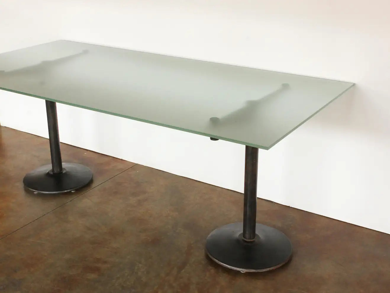 20th c. American Industrial Style Iron Pedestal Table with Frosted Glass Top