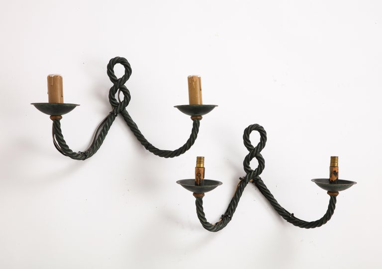 French, 1950s, Bronze Rope Wall Sconces