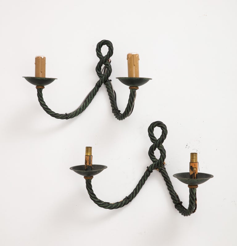 French, 1950s, Bronze Rope Wall Sconces