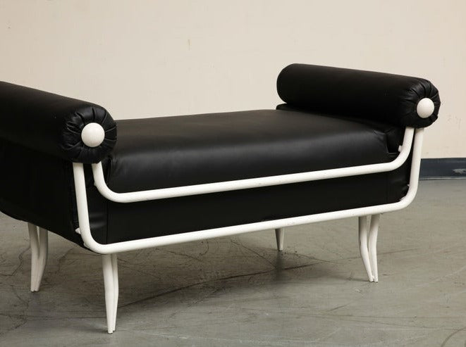 French 1960s Rene Prou Style White Painted Iron & Black Leather Daybed