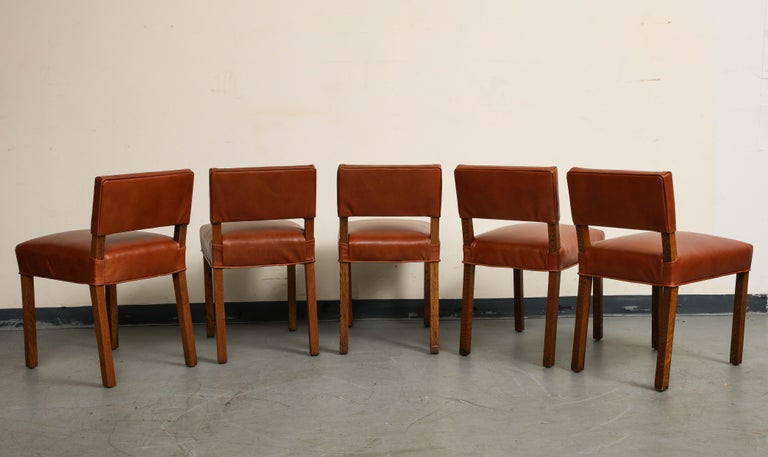Mid-Century French Oak and Brown Leather Side Chairs, Set of 5