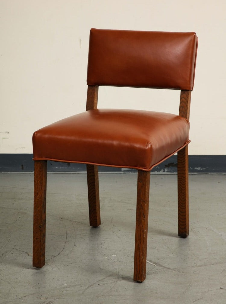 Mid-Century French Oak and Brown Leather Side Chairs, Set of 5