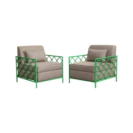 Pair of Jean Royere Style Vintage Bright Green Enameled Iron Cube Lounge Chairs