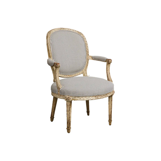 19th Century French Louis XVI Style Fauteuil Chair in Striped Linen Upholstery