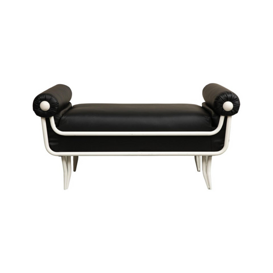 French 1960s Rene Prou Style White Painted Iron & Black Leather Daybed