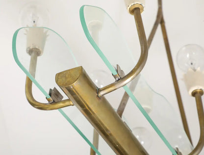 1930s Italian Art Deco Brass and Glass 8-Light Pendant
