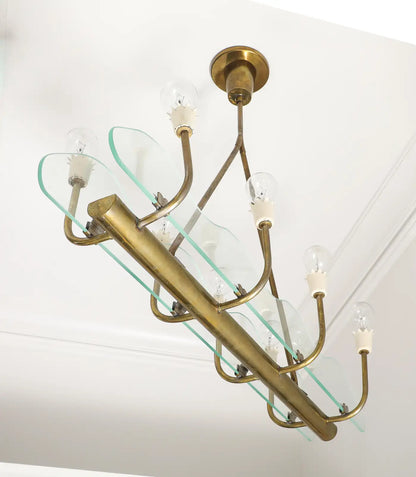 1930s Italian Art Deco Brass and Glass 8-Light Pendant