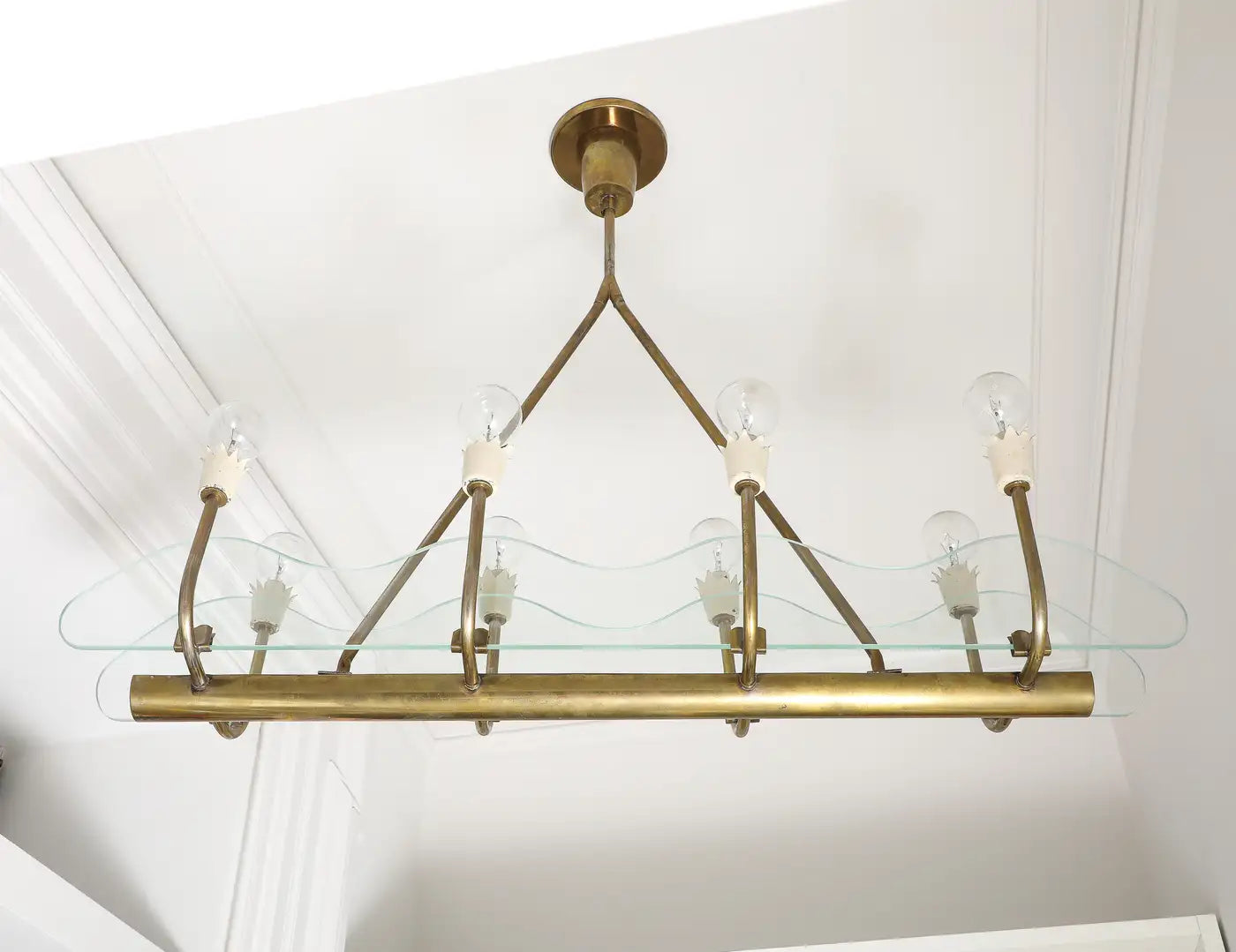 1930s Italian Art Deco Brass and Glass 8-Light Pendant