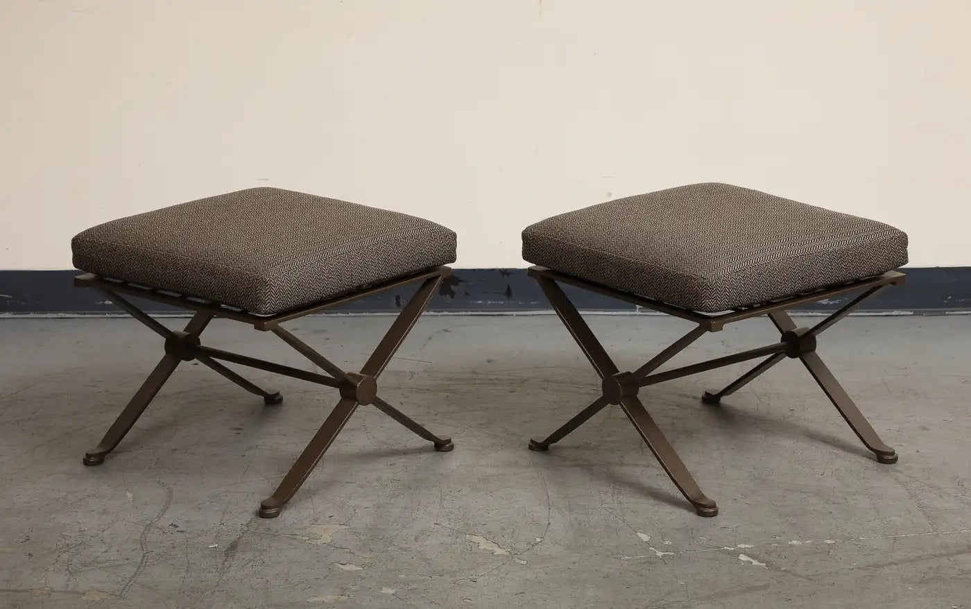 Pair of Contemporary Herringbone X-Form Bronze Benches