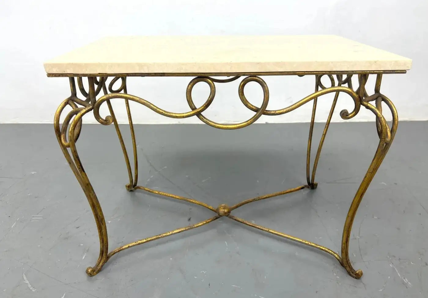Midcentury French Rene Prou Art Deco Gilded Iron End Tables with Travertine Tops