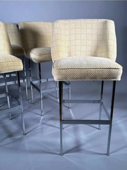 1970s Chromed Steel and Velvet Bar Stools, Set of 5
