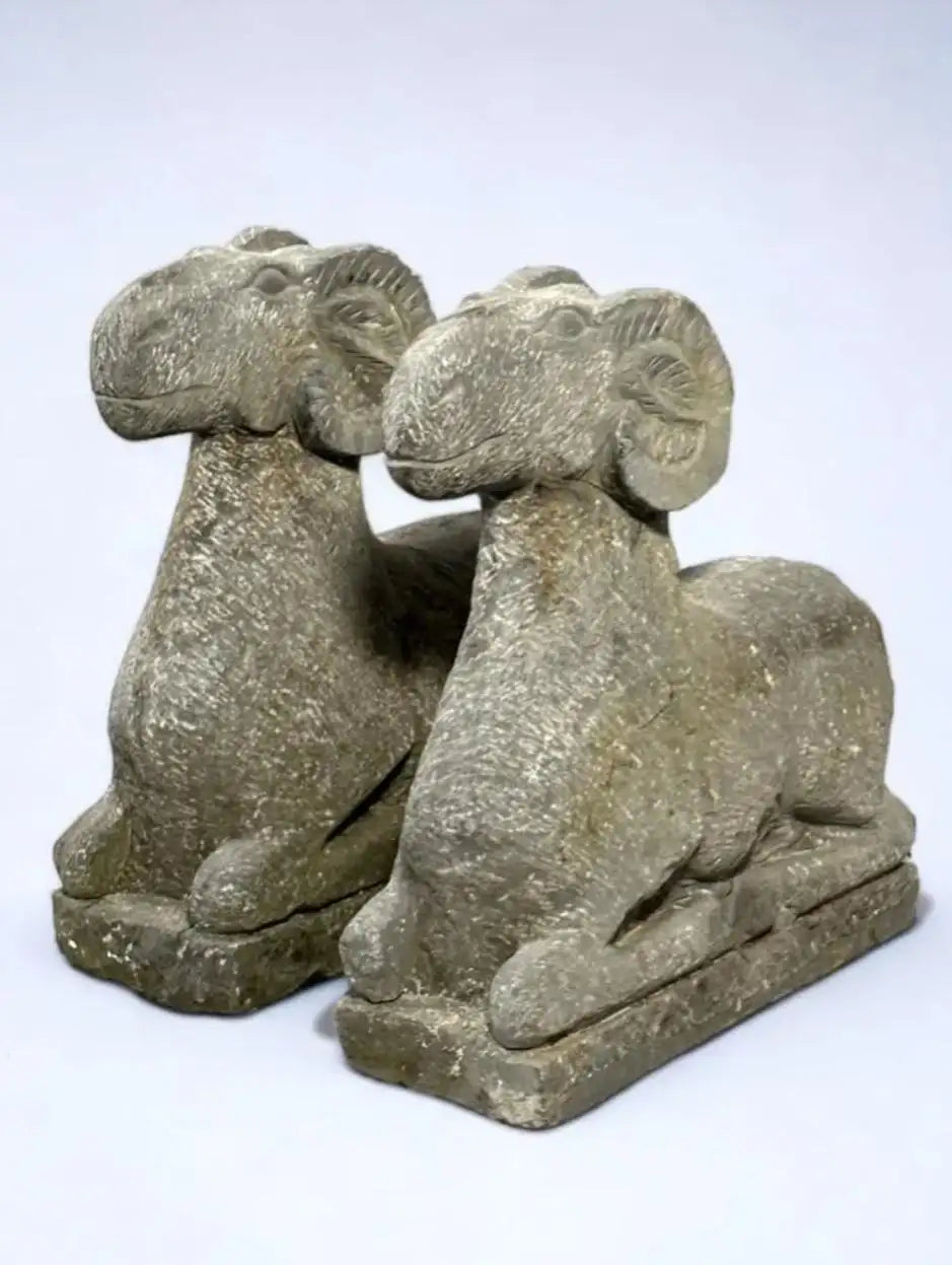 Pair of Hand Finished Carved Stone Ram Garden Figures, 20th Century