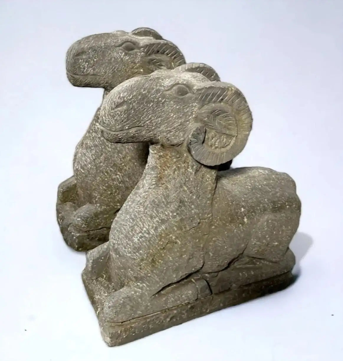 Pair of Hand Finished Carved Stone Ram Garden Figures, 20th Century