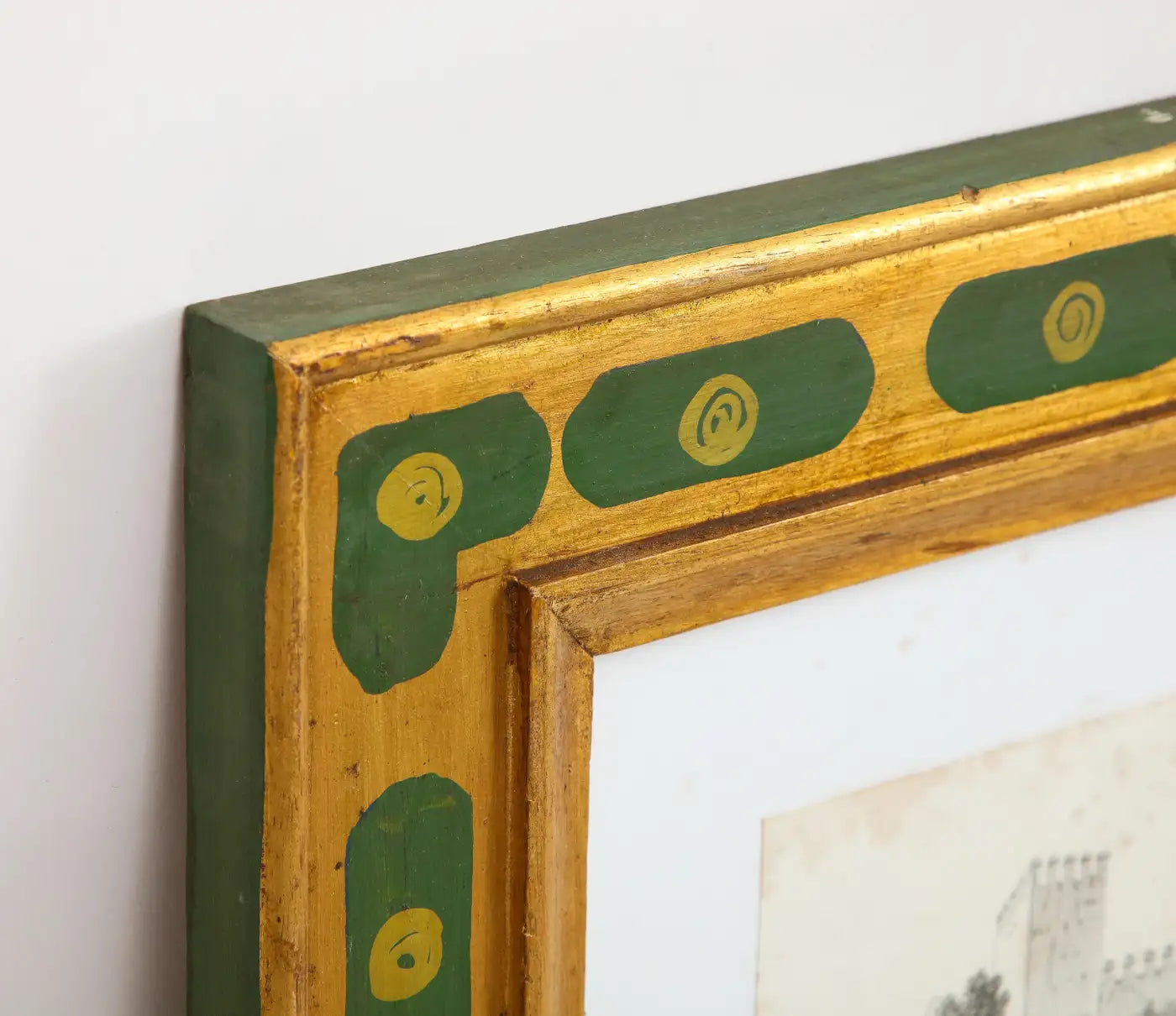 19th Century Italian Drawing in Original Hand Painted Green and Gilt Frame