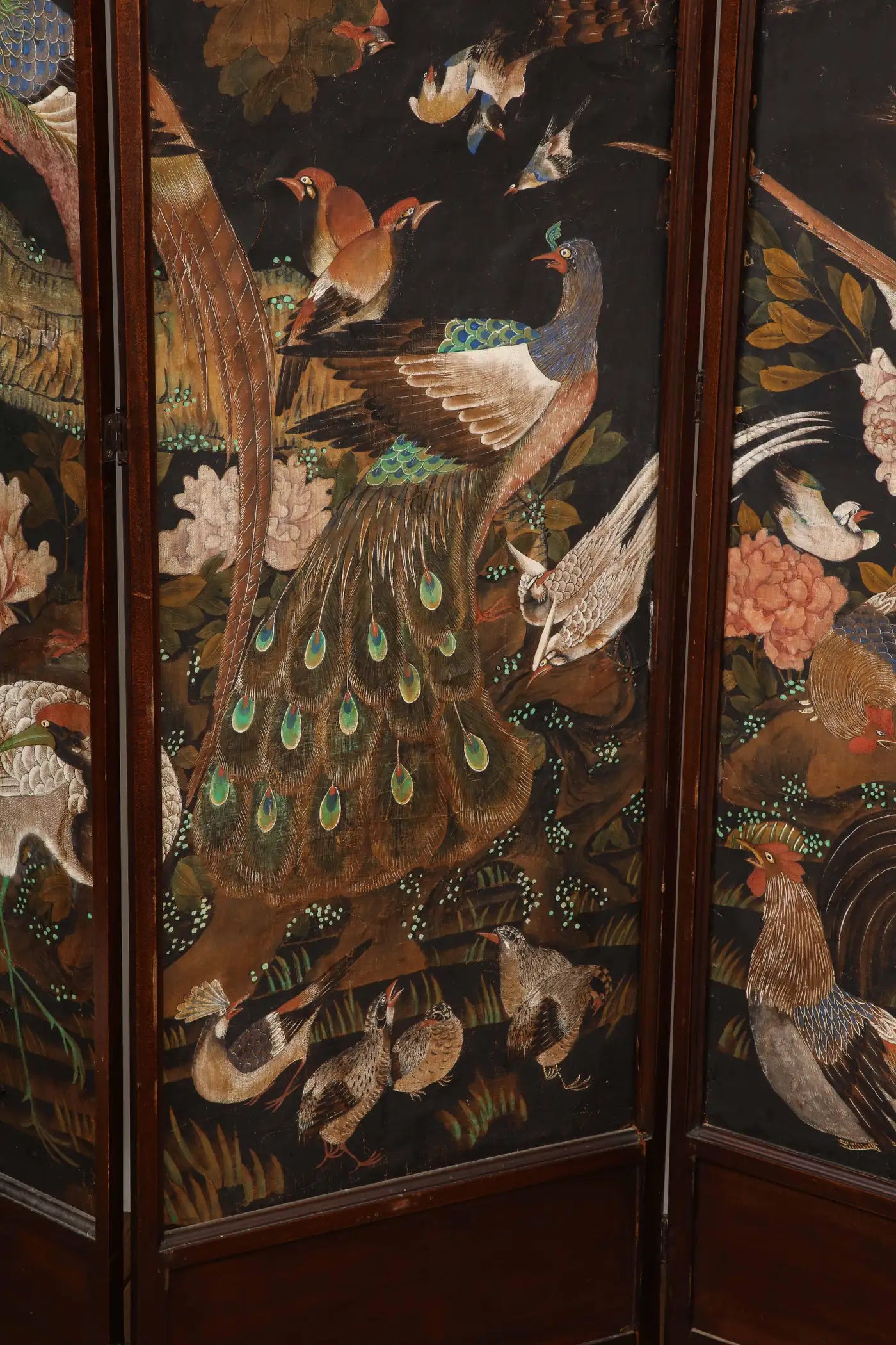 Vintage Three-Panel Folding Screen Featuring DeGournay Birds Wallpaper