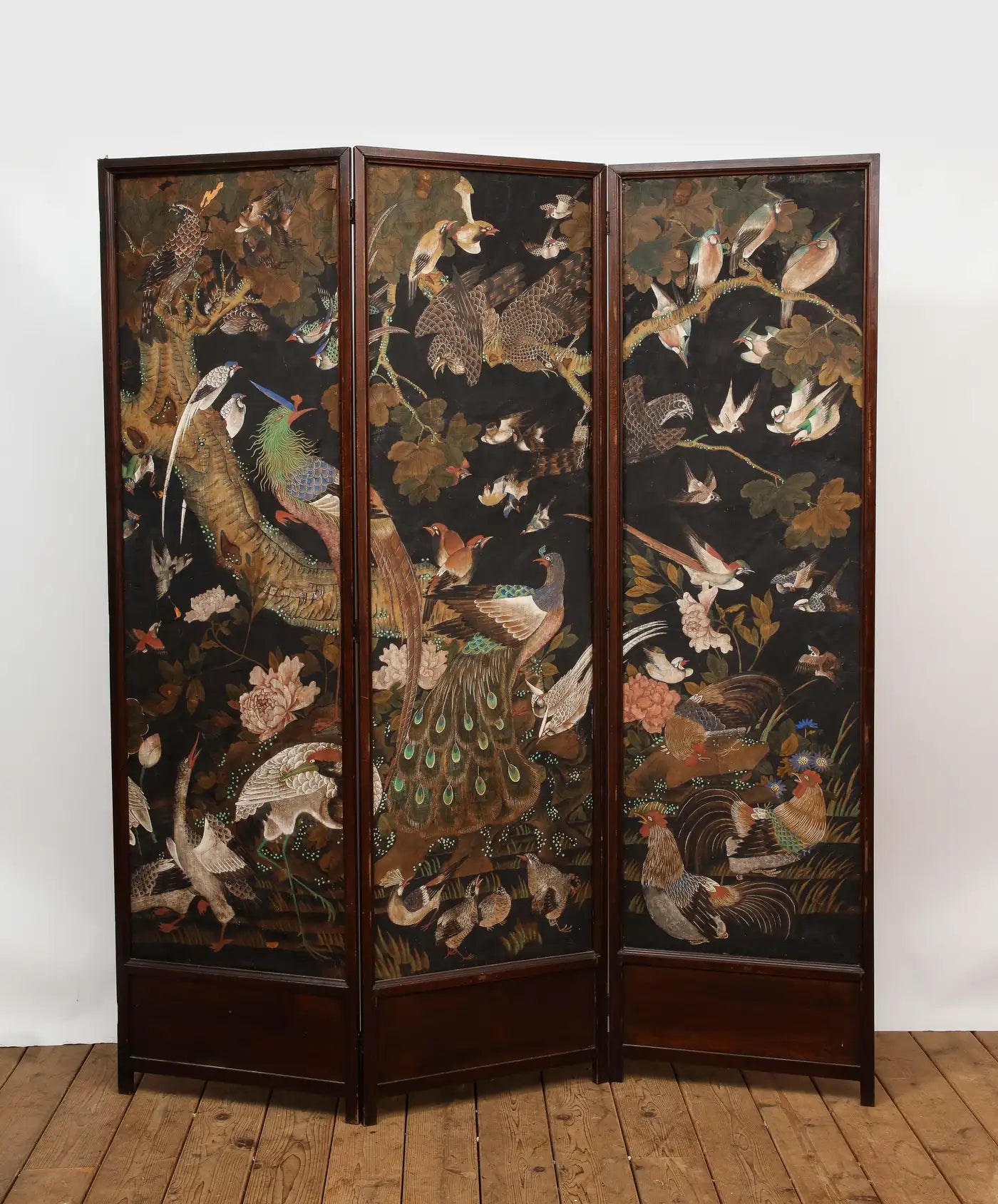 Vintage Three-Panel Folding Screen Featuring DeGournay Birds Wallpaper