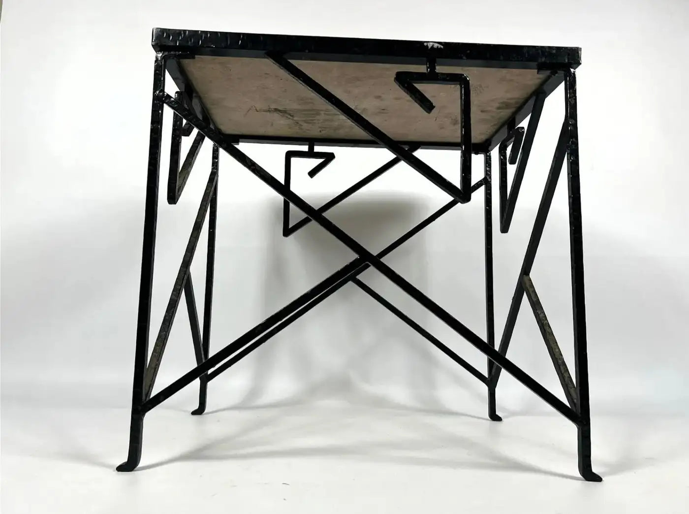 Cubist End Table with Hand-Wrought Black Iron Base and Stone Top, circa 1930