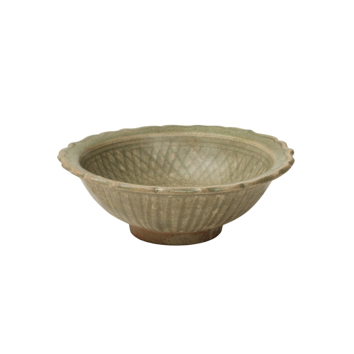 Antique Thai Celadon Bowl With Barbed Rim and Diamond Pattern