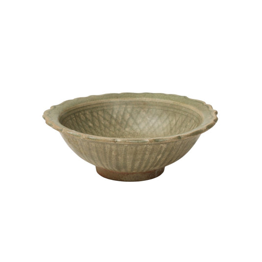 Antique Thai Celadon Bowl With Barbed Rim and Diamond Pattern