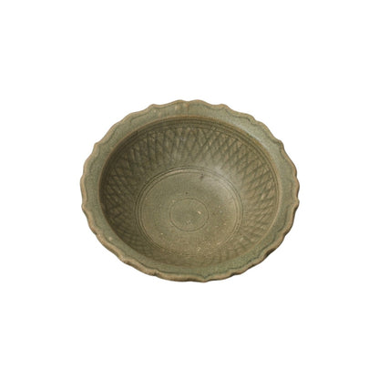 Antique Thai Celadon Bowl With Barbed Rim and Diamond Pattern