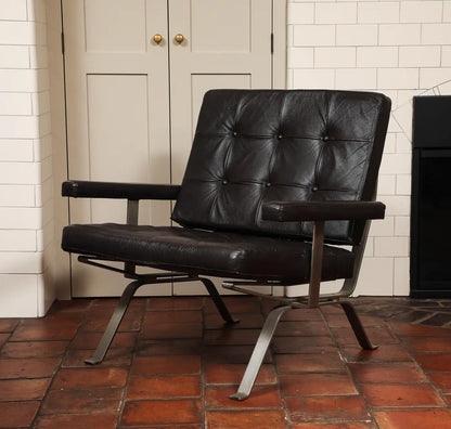 Bauhaus Style Visitor Lounge Chair in Tufted Black Leather, Germany 1960s
