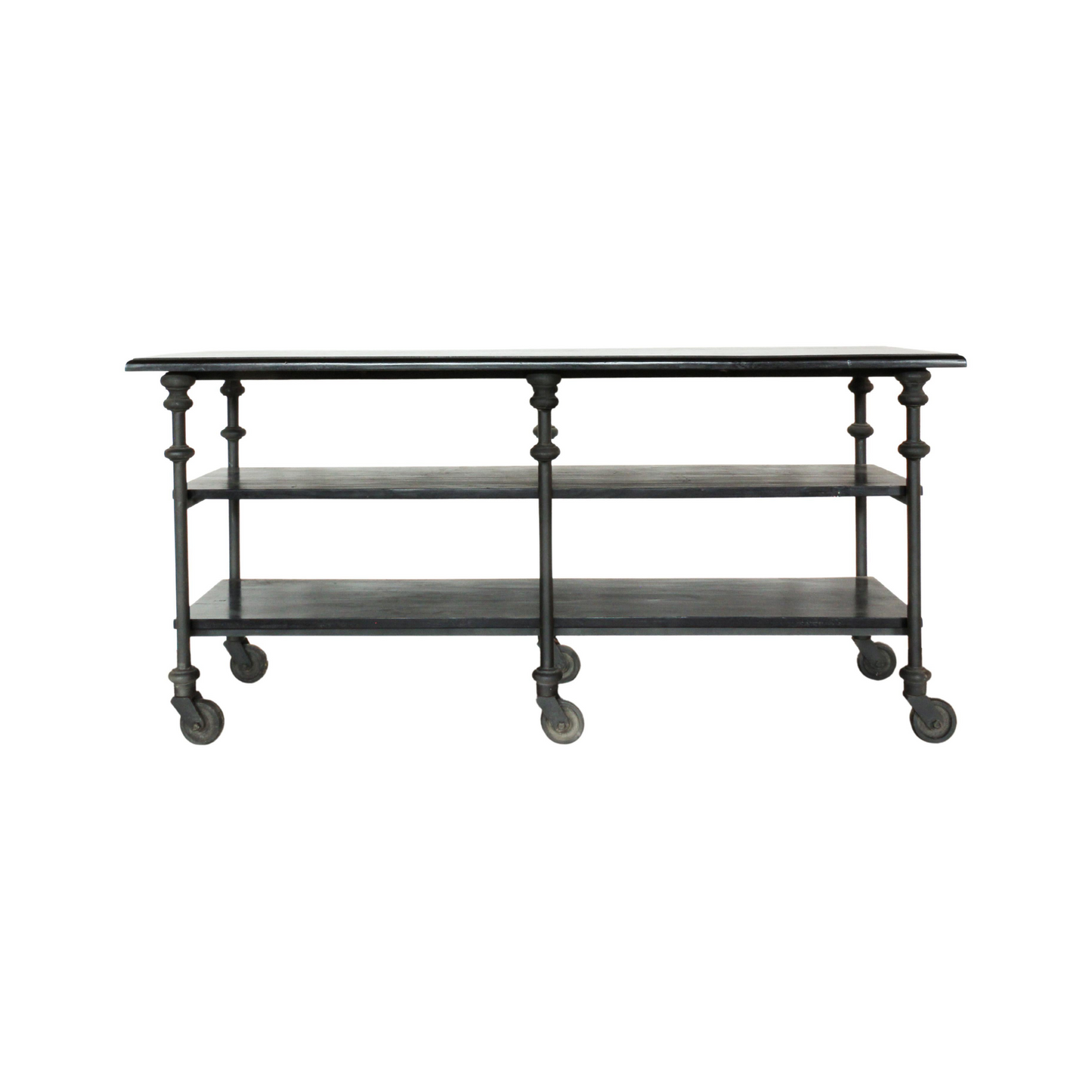 Blackened Iron and Wood Shelving Island on Casters