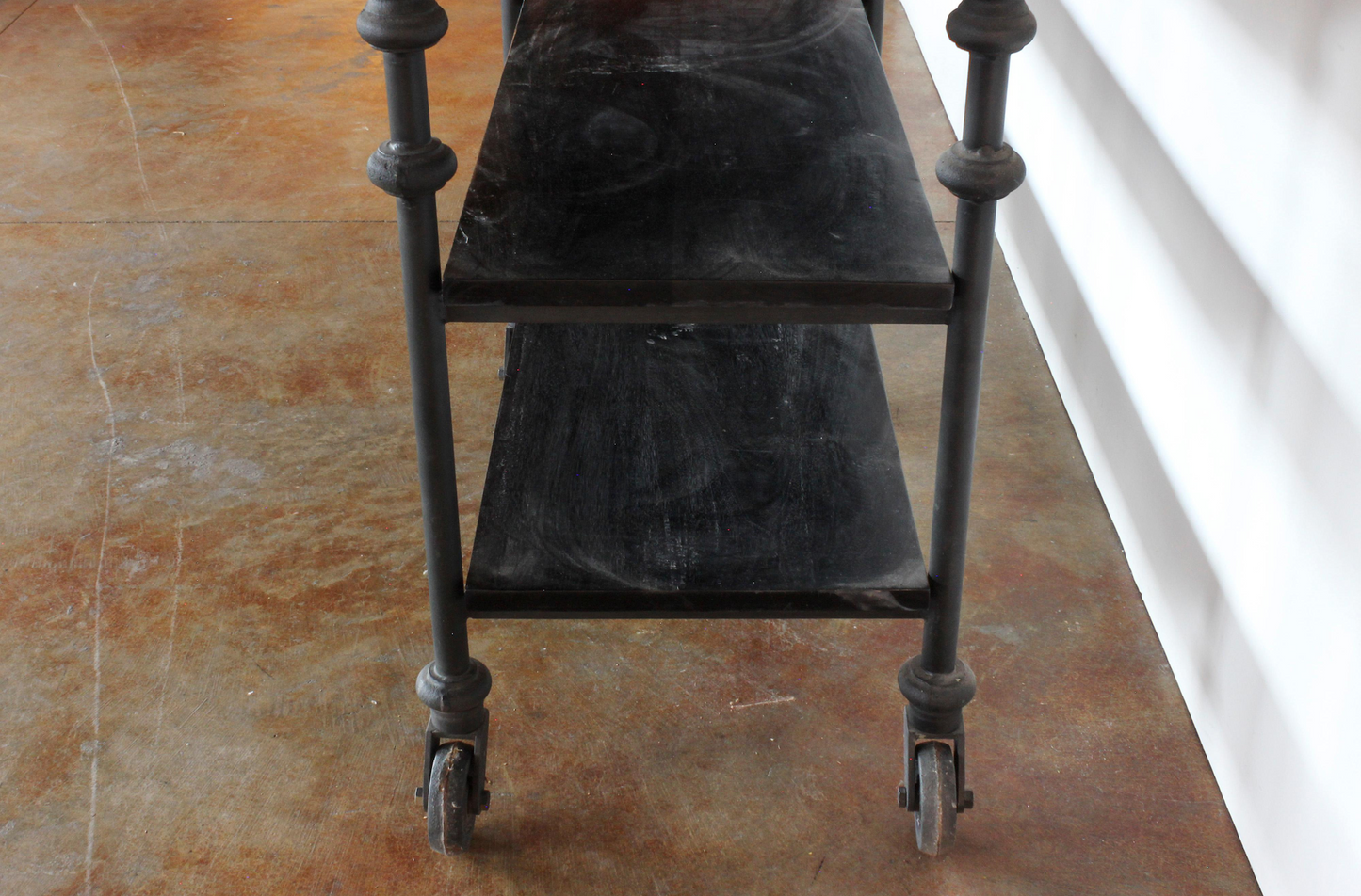 Blackened Iron and Wood Shelving Island on Casters