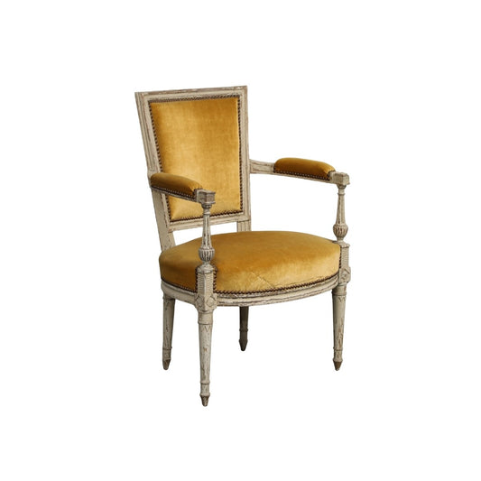 19th C. French Directoire Carved Walnut Armchair with Gold Velvet Upholstery