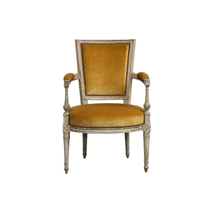 19th C. French Directoire Carved Walnut Armchair with Gold Velvet Upholstery
