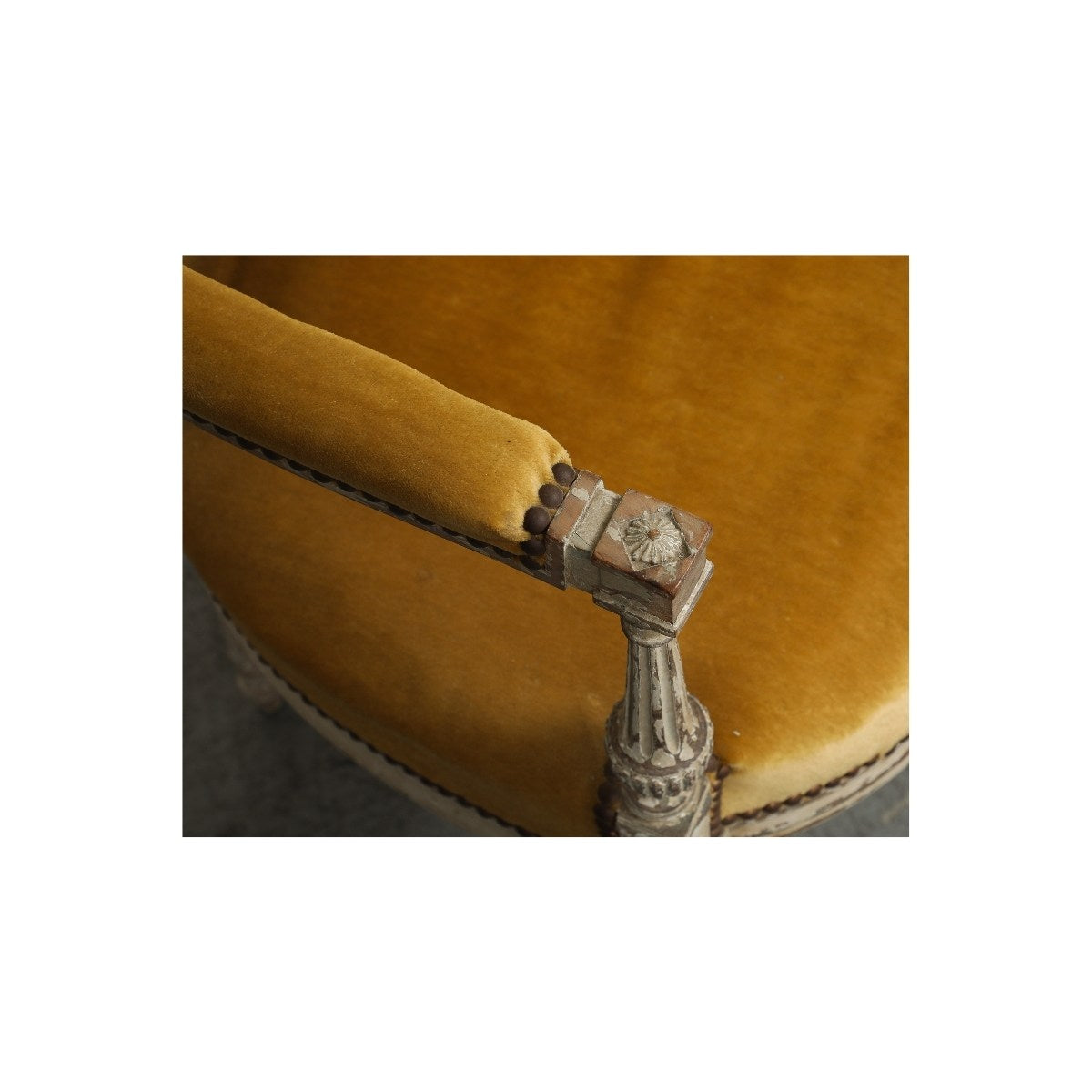 19th C. French Directoire Carved Walnut Armchair with Gold Velvet Upholstery