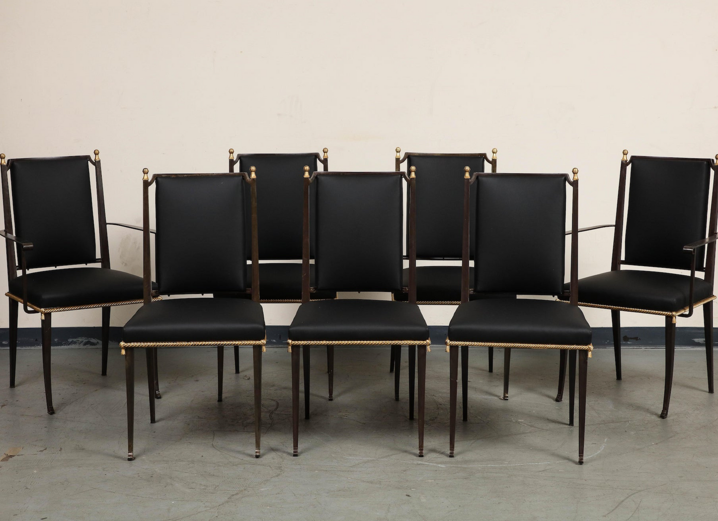 French Midcentury Blackened Iron Dining Chairs, Set of 7