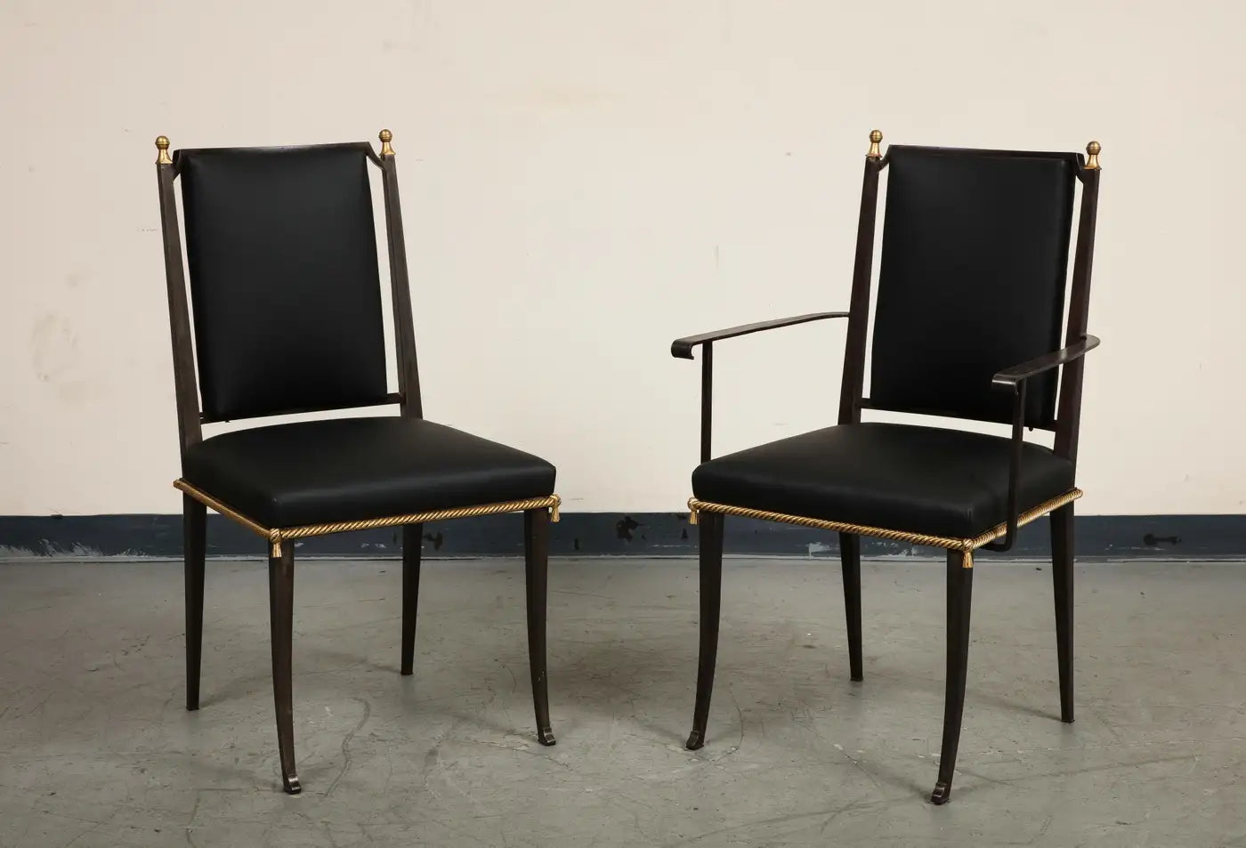 French Midcentury Blackened Iron & Gilt Dining Chairs, Set of 6