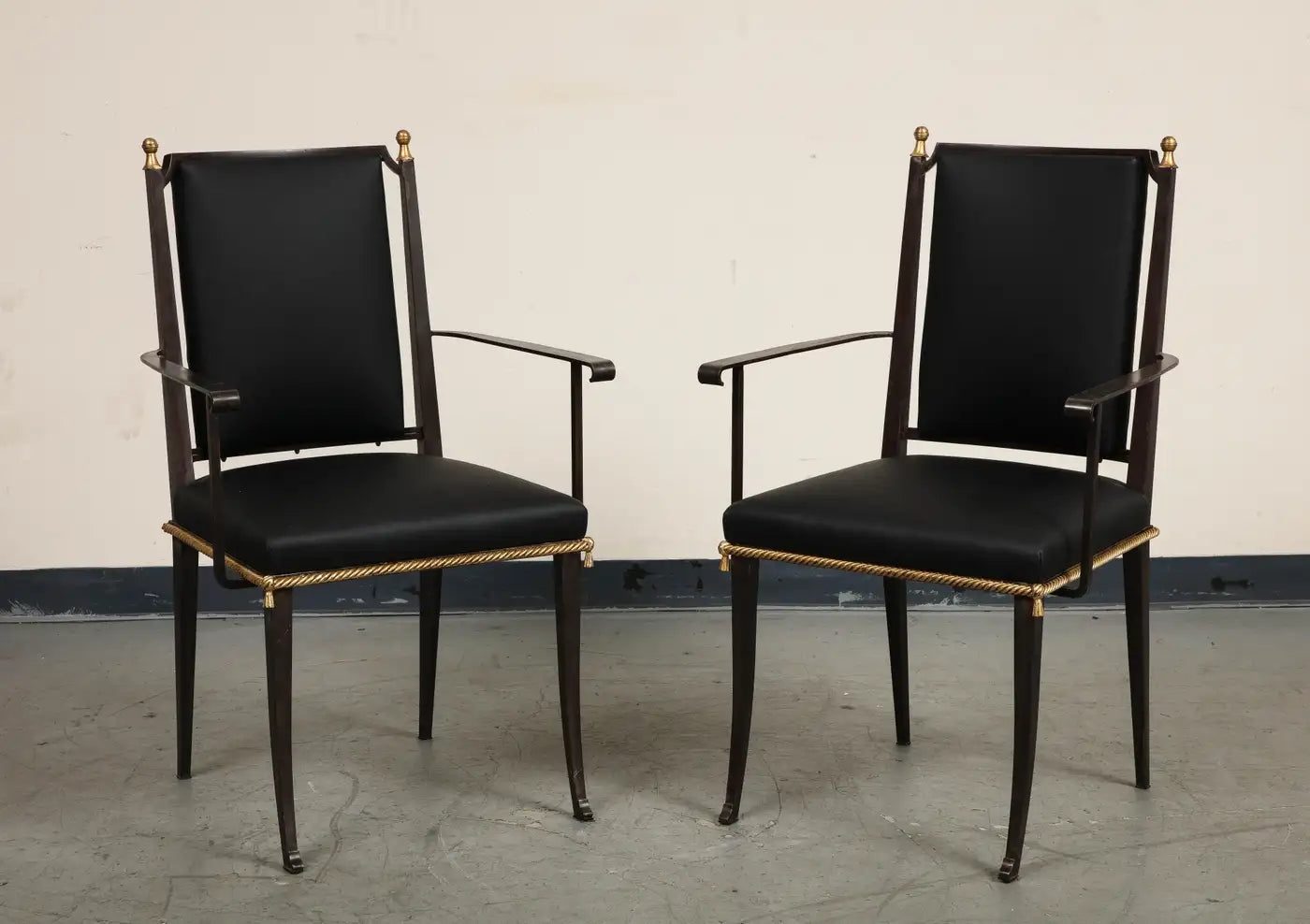 French Midcentury Blackened Iron & Gilt Dining Chairs, Set of 6