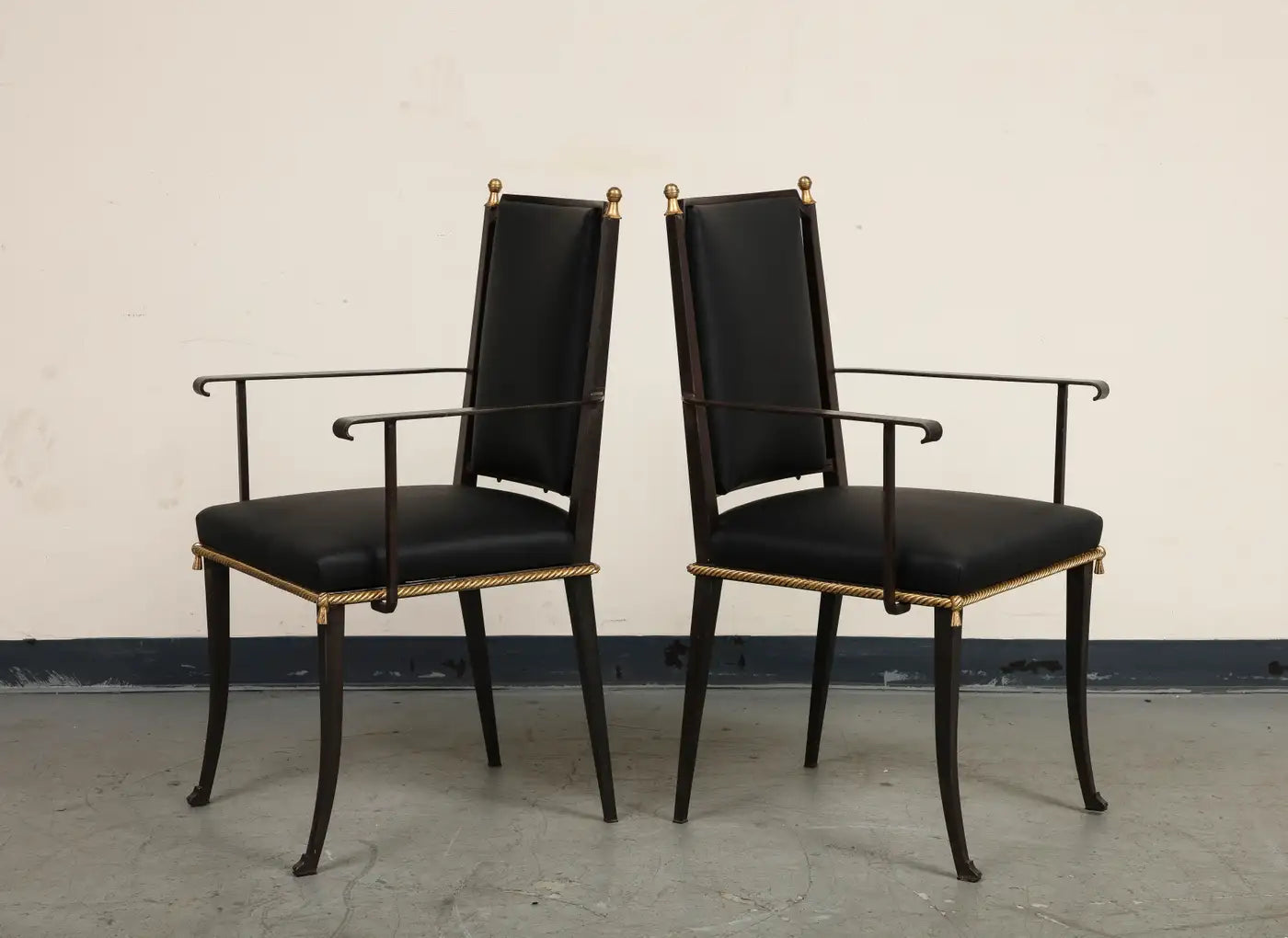 French Midcentury Blackened Iron & Gilt Dining Chairs, Set of 6