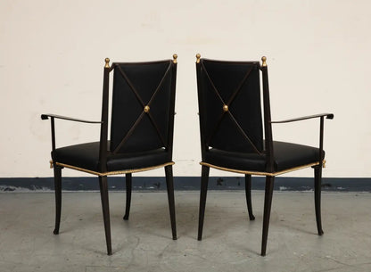 French Midcentury Blackened Iron & Gilt Dining Chairs, Set of 6